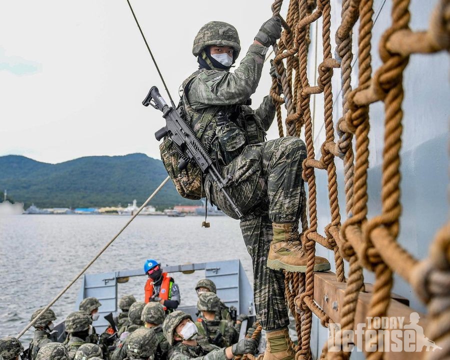 향로봉함에서 해병대원이 하선망으로 상륙주정으로 내리고 있다. (사진:해병대페이스북)
