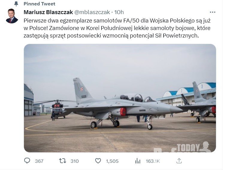마리우스 브와슈차크 부총리겸 국방장관이 자신의 트위터에 FA-50GF 2대가 폴란드에 정시긍로 도착했음을 알렸다.(Mariusz Błaszczak twitter)